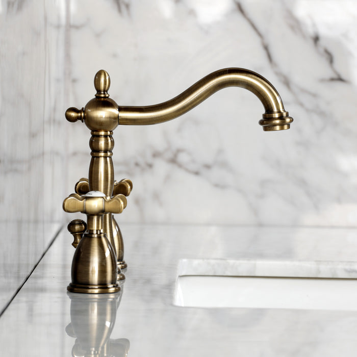 Kingston Heirloom KB1973BEX - Essex Two-Handle 3-Hole Deck Mount Widespread Bathroom Faucet with Brass Pop-Up, Antique Brass