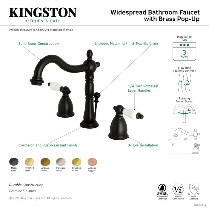 Heritage KB1973PL Two-Handle 3-Hole Deck Mount Widespread Bathroom Faucet with Brass Pop-Up, Antique Brass