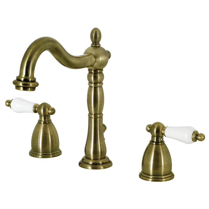 Heritage KB1973PL Two-Handle 3-Hole Deck Mount Widespread Bathroom Faucet with Brass Pop-Up, Antique Brass