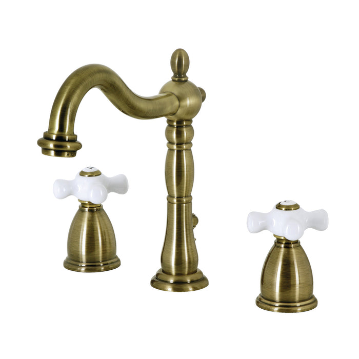 Heritage KB1973PX Two-Handle 3-Hole Deck Mount Widespread Bathroom Faucet with Brass Pop-Up, Antique Brass