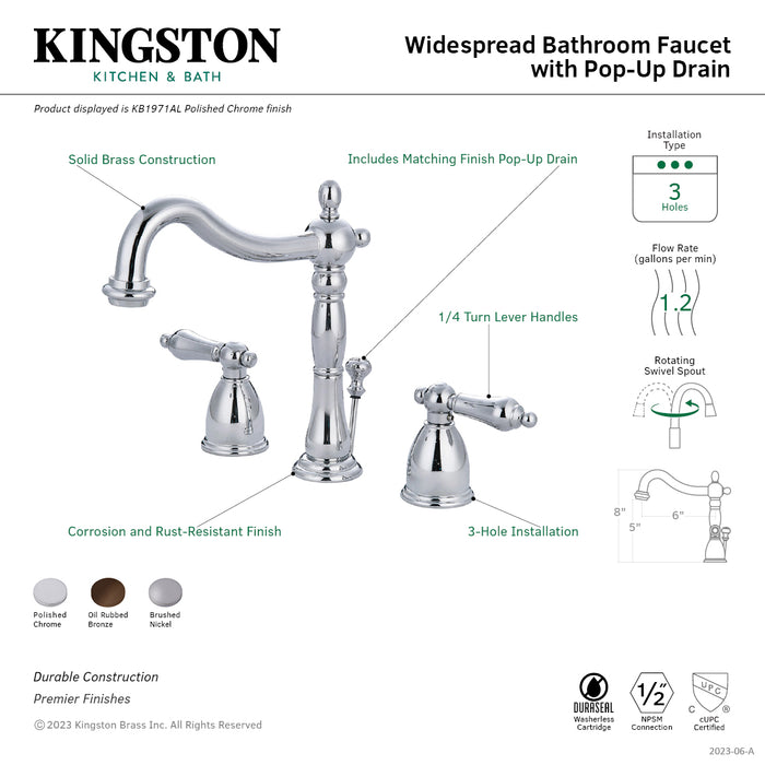 Kingston Heirloom KB1975AL - Heritage Two-Handle 3-Hole Deck Mount Widespread Bathroom Faucet with Pop-Up Drain, Oil Rubbed Bronze