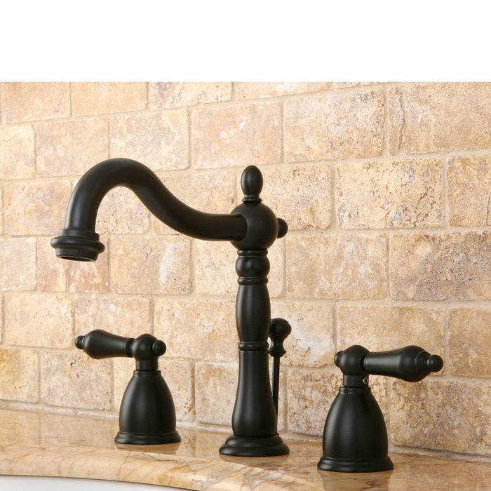 Kingston Heirloom KB1975AL - Heritage Two-Handle 3-Hole Deck Mount Widespread Bathroom Faucet with Pop-Up Drain, Oil Rubbed Bronze