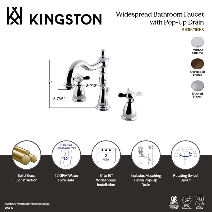 Kingston Heirloom KB1975BEX - Essex Two-Handle 3-Hole Deck Mount Widespread Bathroom Faucet with Pop-Up Drain, Oil Rubbed Bronze