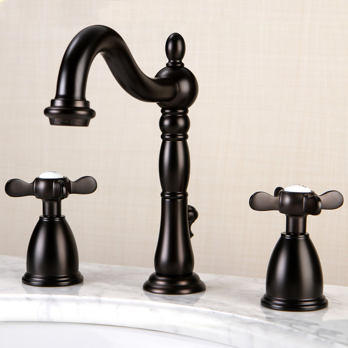 Kingston Heirloom KB1975BEX - Essex Two-Handle 3-Hole Deck Mount Widespread Bathroom Faucet with Pop-Up Drain, Oil Rubbed Bronze