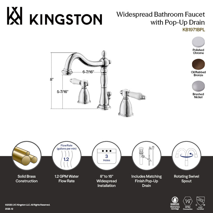 Kingston Heirloom KB1975BPL - Bel-Air Two-Handle 3-Hole Deck Mount Widespread Bathroom Faucet with Pop-Up Drain, Oil Rubbed Bronze