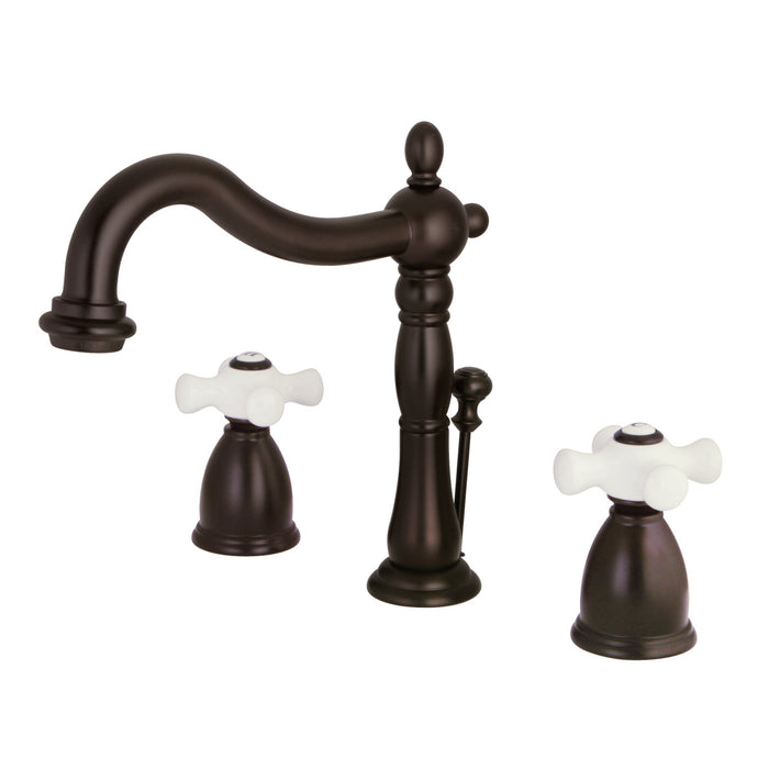 Heritage KB1975PX Two-Handle 3-Hole Deck Mount Widespread Bathroom Faucet with Plastic Pop-Up, Oil Rubbed Bronze