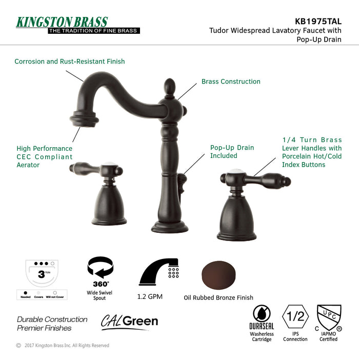 Kingston Heirloom KB1975TAL - Tudor Two-Handle 3-Hole Deck Mount Widespread Bathroom Faucet with Pop-Up Drain, Oil Rubbed Bronze