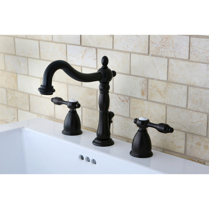 Kingston Heirloom KB1975TAL - Tudor Two-Handle 3-Hole Deck Mount Widespread Bathroom Faucet with Pop-Up Drain, Oil Rubbed Bronze