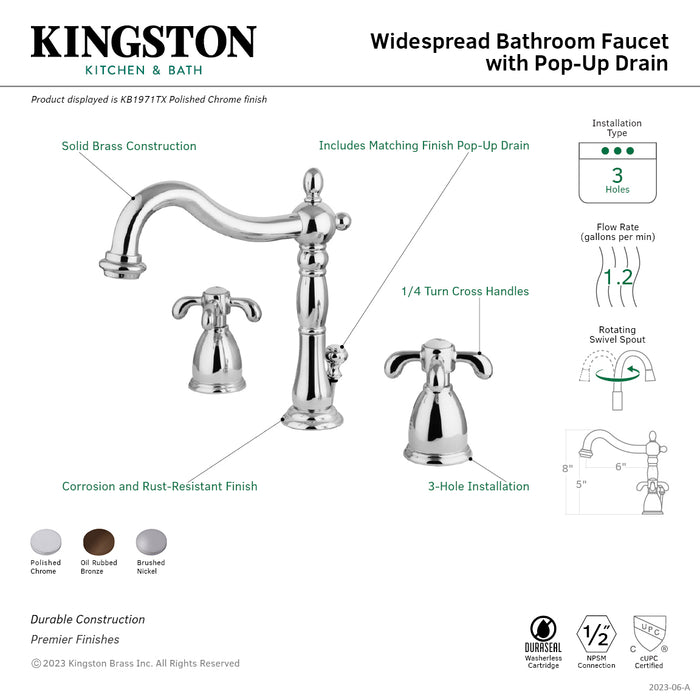 French Country KB1975TX Two-Handle 3-Hole Deck Mount Widespread Bathroom Faucet with Plastic Pop-Up, Oil Rubbed Bronze