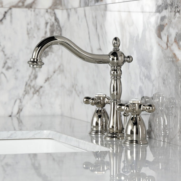 Kingston Heirloom KB1976AX - Heritage Two-Handle 3-Hole Deck Mount Widespread Bathroom Faucet with Brass Pop-Up, Polished Nickel