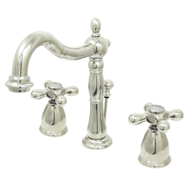 Heritage KB1976AX Two-Handle 3-Hole Deck Mount Widespread Bathroom Faucet with Brass Pop-Up, Polished Nickel