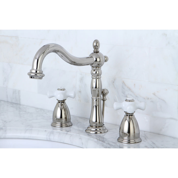 Kingston Heirloom KB1976PX - Heritage Two-Handle 3-Hole Deck Mount Widespread Bathroom Faucet with Brass Pop-Up, Polished Nickel