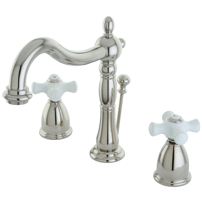 Heritage KB1976PX Two-Handle 3-Hole Deck Mount Widespread Bathroom Faucet with Brass Pop-Up, Polished Nickel