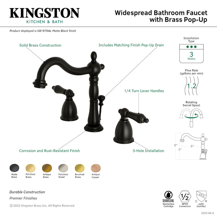Heritage KB1977AL Two-Handle 3-Hole Deck Mount Widespread Bathroom Faucet with Brass Pop-Up, Brushed Brass