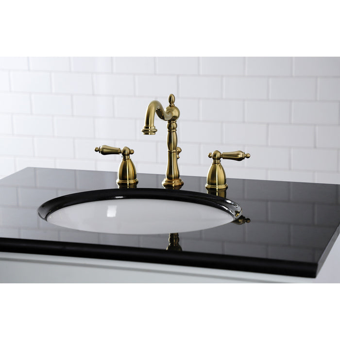 Heritage KB1977AL Two-Handle 3-Hole Deck Mount Widespread Bathroom Faucet with Brass Pop-Up, Brushed Brass