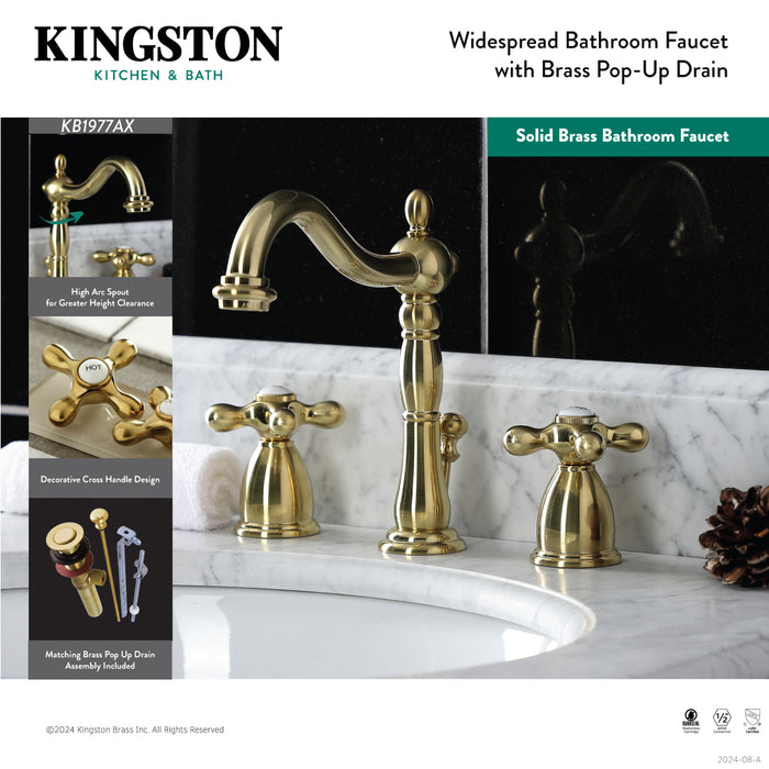 Kingston Heirloom KB1977AX - Heritage Two-Handle 3-Hole Deck Mount Widespread Bathroom Faucet with Brass Pop-Up, Brushed Brass