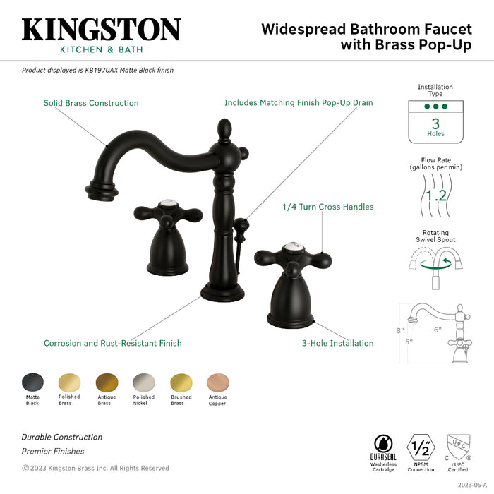 Kingston Heirloom KB1977AX - Heritage Two-Handle 3-Hole Deck Mount Widespread Bathroom Faucet with Brass Pop-Up, Brushed Brass