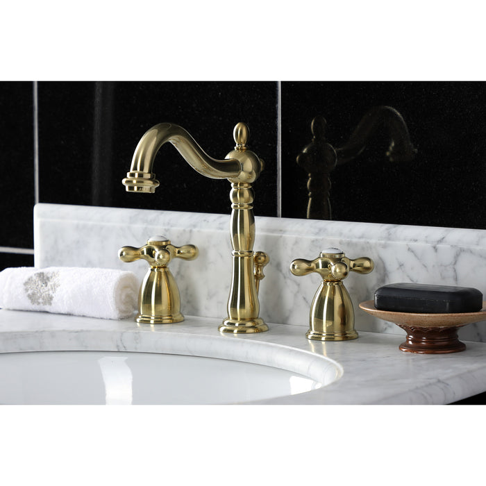 Kingston Heirloom KB1977AX - Heritage Two-Handle 3-Hole Deck Mount Widespread Bathroom Faucet with Brass Pop-Up, Brushed Brass