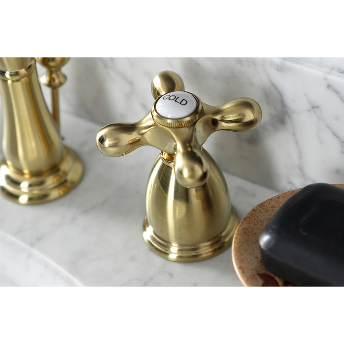 Kingston Heirloom KB1977AX - Heritage Two-Handle 3-Hole Deck Mount Widespread Bathroom Faucet with Brass Pop-Up, Brushed Brass