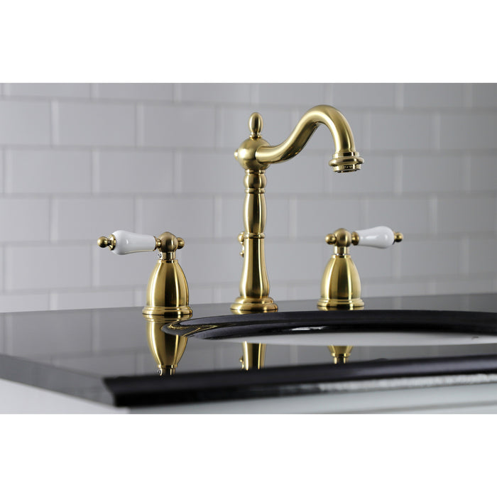 Heritage KB1977PL Two-Handle 3-Hole Deck Mount Widespread Bathroom Faucet with Brass Pop-Up, Brushed Brass