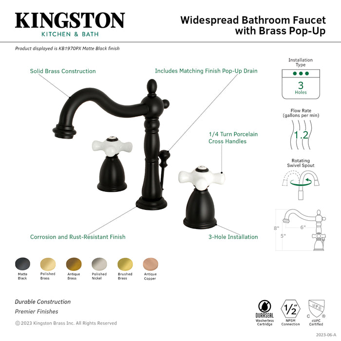 Heritage KB1977PX Two-Handle 3-Hole Deck Mount Widespread Bathroom Faucet with Brass Pop-Up, Brushed Brass