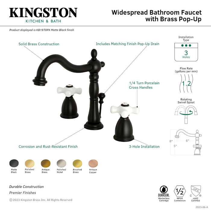 Kingston Heirloom KB1977PX - Heritage Two-Handle 3-Hole Deck Mount Widespread Bathroom Faucet with Brass Pop-Up, Brushed Brass