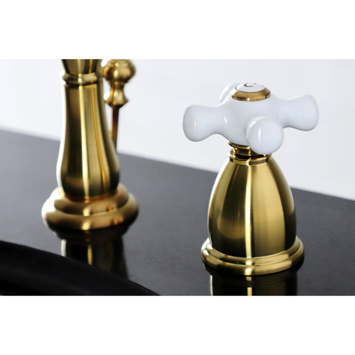 Kingston Heirloom KB1977PX - Heritage Two-Handle 3-Hole Deck Mount Widespread Bathroom Faucet with Brass Pop-Up, Brushed Brass