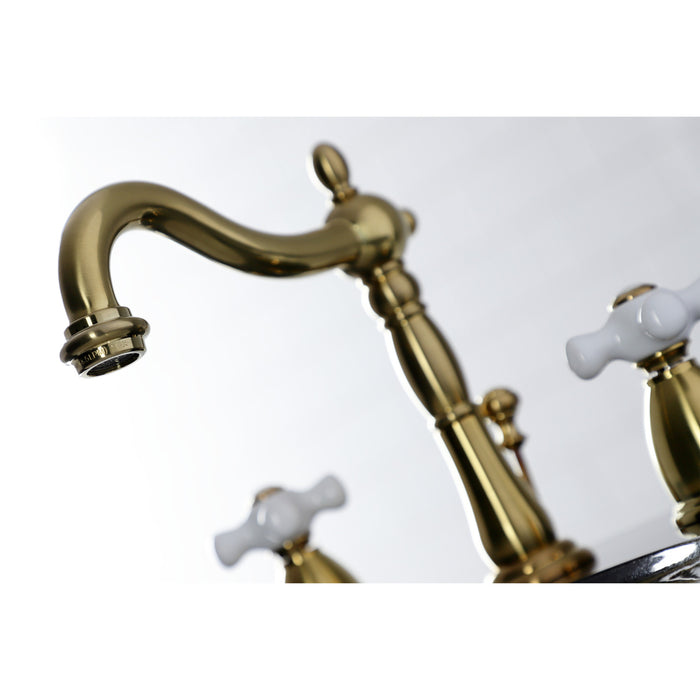 Kingston Heirloom KB1977PX - Heritage Two-Handle 3-Hole Deck Mount Widespread Bathroom Faucet with Brass Pop-Up, Brushed Brass