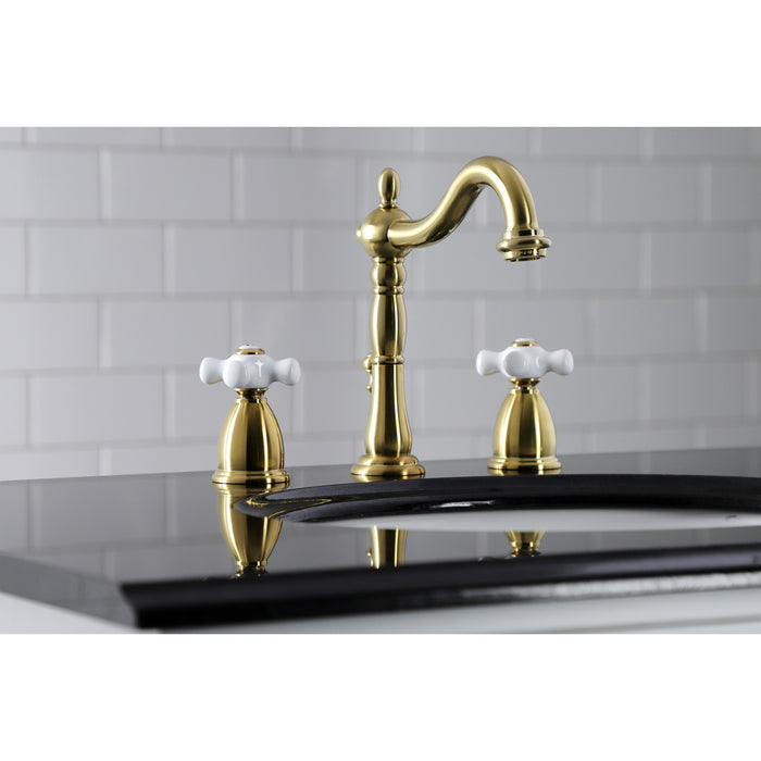 Kingston Heirloom KB1977PX - Heritage Two-Handle 3-Hole Deck Mount Widespread Bathroom Faucet with Brass Pop-Up, Brushed Brass