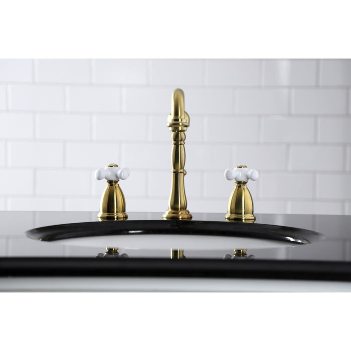 Kingston Heirloom KB1977PX - Heritage Two-Handle 3-Hole Deck Mount Widespread Bathroom Faucet with Brass Pop-Up, Brushed Brass