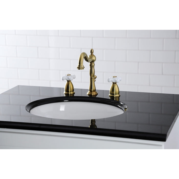 Kingston Heirloom KB1977PX - Heritage Two-Handle 3-Hole Deck Mount Widespread Bathroom Faucet with Brass Pop-Up, Brushed Brass