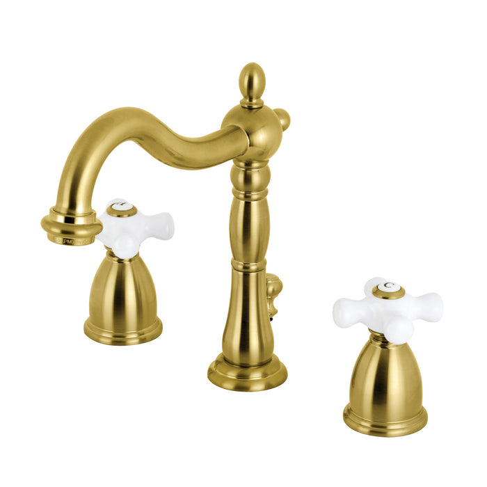 Heritage KB1977PX Two-Handle 3-Hole Deck Mount Widespread Bathroom Faucet with Brass Pop-Up, Brushed Brass