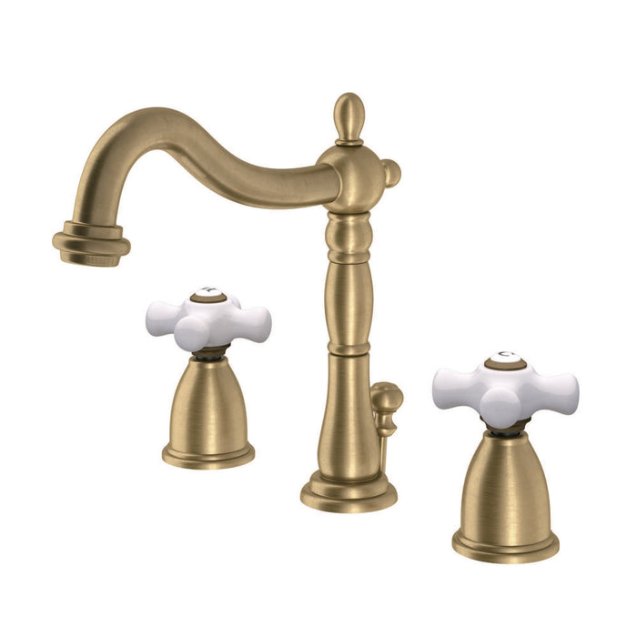 Kingston Heirloom KB1977PX - Heritage Two-Handle 3-Hole Deck Mount Widespread Bathroom Faucet with Brass Pop-Up, Brushed Brass