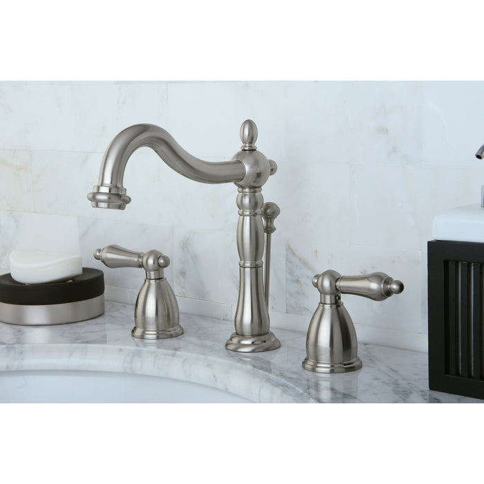 Kingston Heirloom KB1978AL - Heritage Two-Handle 3-Hole Deck Mount Widespread Bathroom Faucet with Pop-Up Drain, Brushed Nickel