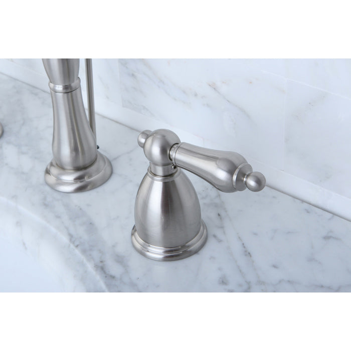 Kingston Heirloom KB1978AL - Heritage Two-Handle 3-Hole Deck Mount Widespread Bathroom Faucet with Pop-Up Drain, Brushed Nickel