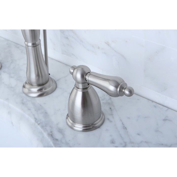 Heritage KB1978AL Two-Handle 3-Hole Deck Mount Widespread Bathroom Faucet with Plastic Pop-Up, Brushed Nickel