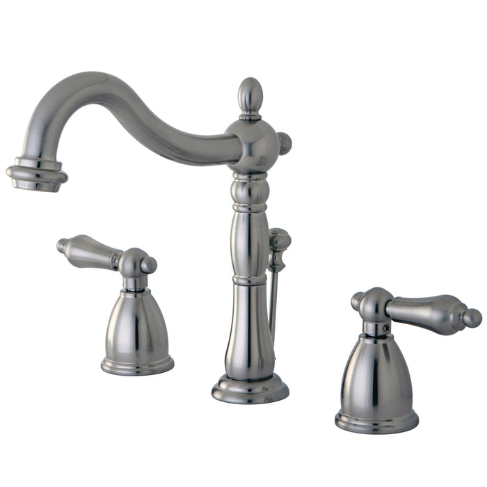 Heritage KB1978AL Two-Handle 3-Hole Deck Mount Widespread Bathroom Faucet with Plastic Pop-Up, Brushed Nickel