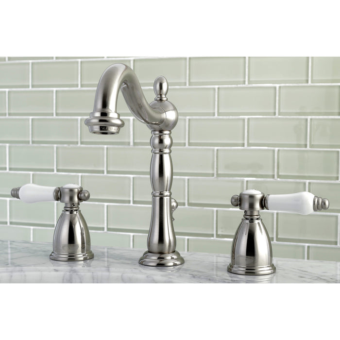 Kingston Heirloom KB1978BPL - Bel-Air Two-Handle 3-Hole Deck Mount Widespread Bathroom Faucet with Pop-Up Drain, Brushed Nickel
