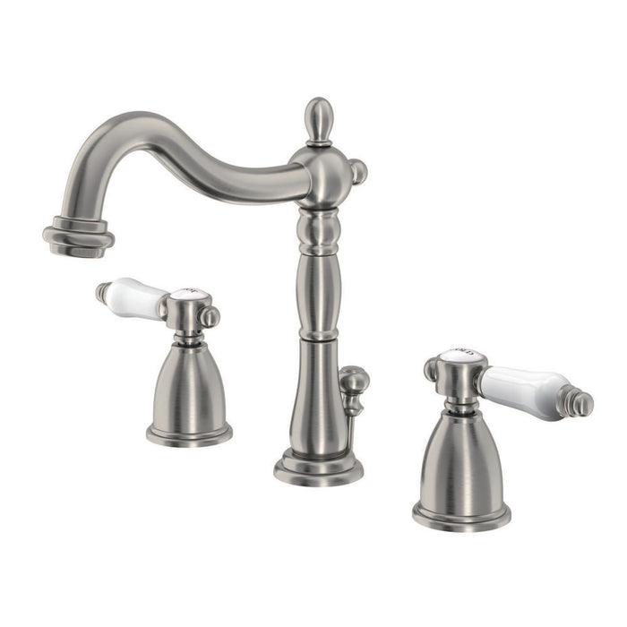 Kingston Heirloom KB1978BPL - Bel-Air Two-Handle 3-Hole Deck Mount Widespread Bathroom Faucet with Pop-Up Drain, Brushed Nickel