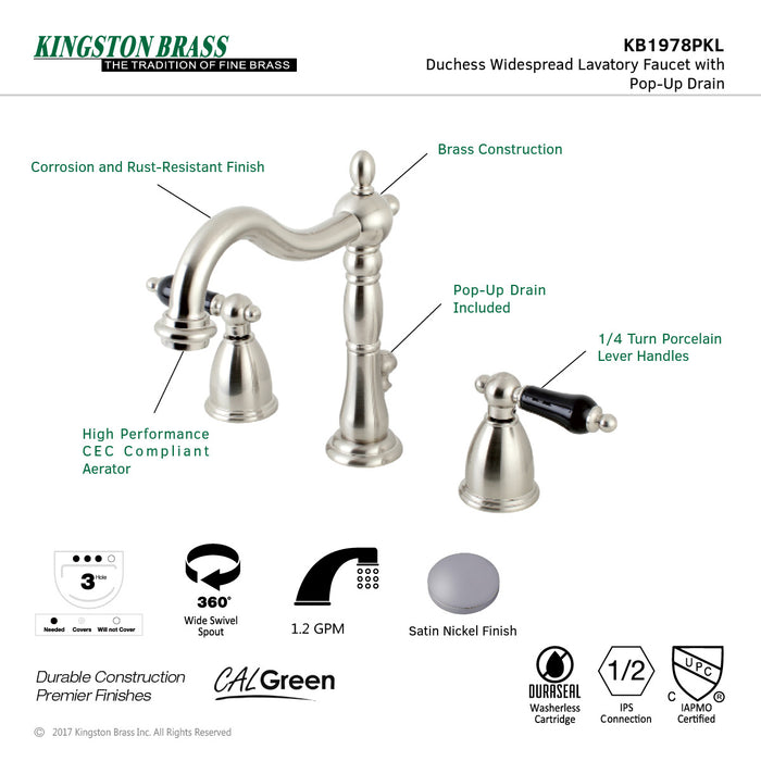 Kingston Heirloom KB1978PKL - Duchess Two-Handle 3-Hole Deck Mount Widespread Bathroom Faucet with Pop-Up Drain, Brushed Nickel