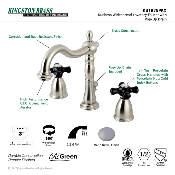 Kingston Heirloom KB1978PKX - Duchess Two-Handle 3-Hole Deck Mount Widespread Bathroom Faucet with Pop-Up Drain, Brushed Nickel