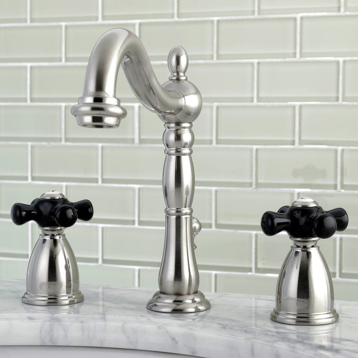 Kingston Heirloom KB1978PKX - Duchess Two-Handle 3-Hole Deck Mount Widespread Bathroom Faucet with Pop-Up Drain, Brushed Nickel