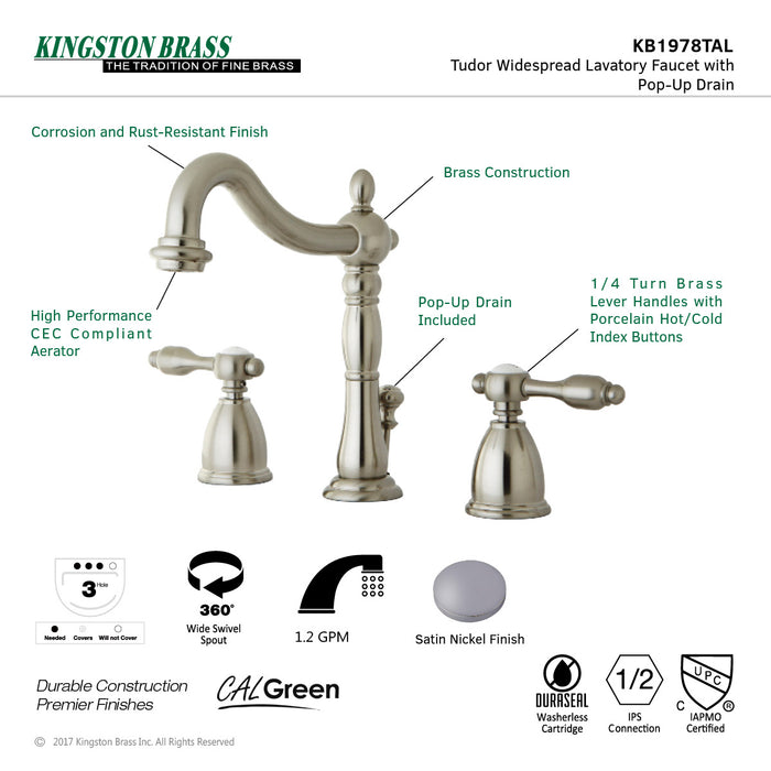 Kingston Heirloom KB1978TAL - Tudor Two-Handle 3-Hole Deck Mount Widespread Bathroom Faucet with Pop-Up Drain, Brushed Nickel