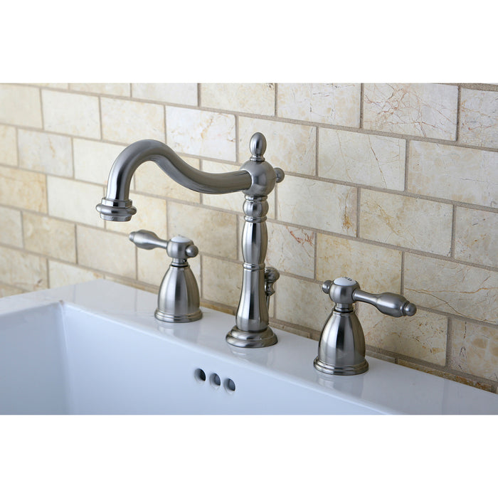 Kingston Heirloom KB1978TAL - Tudor Two-Handle 3-Hole Deck Mount Widespread Bathroom Faucet with Pop-Up Drain, Brushed Nickel