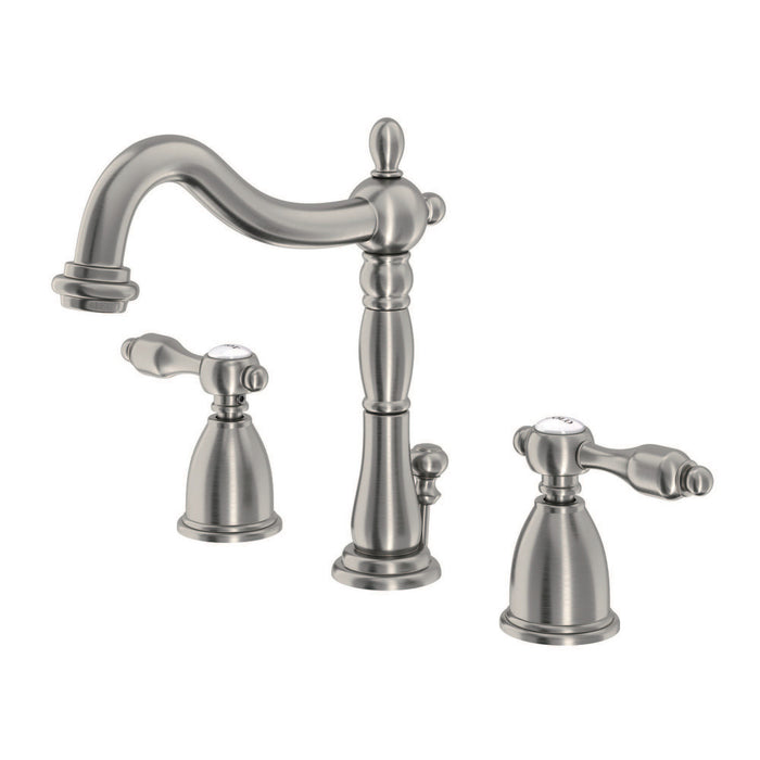 Kingston Heirloom KB1978TAL - Tudor Two-Handle 3-Hole Deck Mount Widespread Bathroom Faucet with Pop-Up Drain, Brushed Nickel
