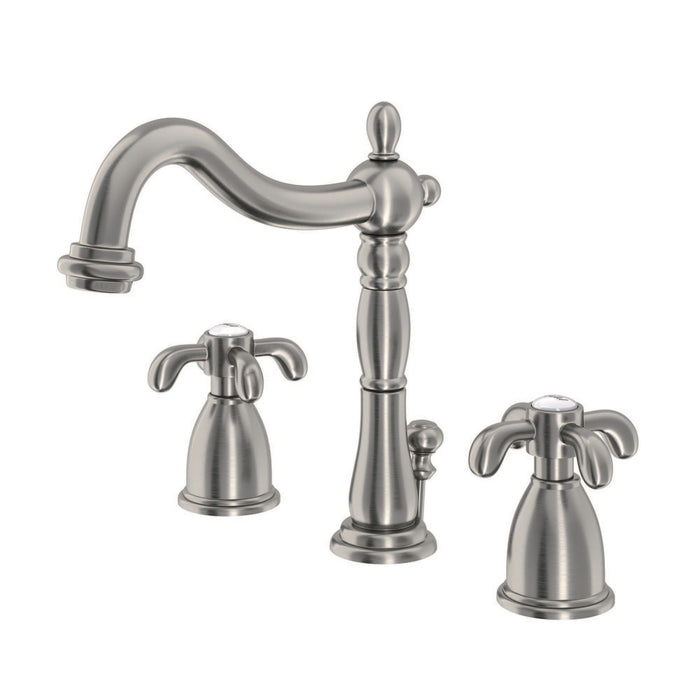 Kingston Heirloom KB1978TX - French Country Two-Handle 3-Hole Deck Mount Widespread Bathroom Faucet with Pop-Up Drain, Brushed Nickel