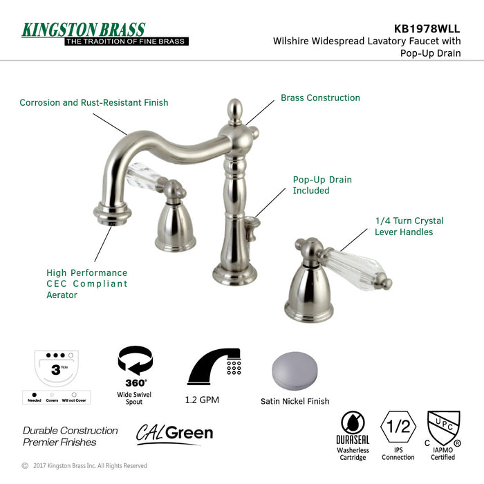 Kingston Heirloom KB1978WLL - Wilshire Two-Handle 3-Hole Deck Mount Widespread Bathroom Faucet with Pop-Up Drain, Brushed Nickel