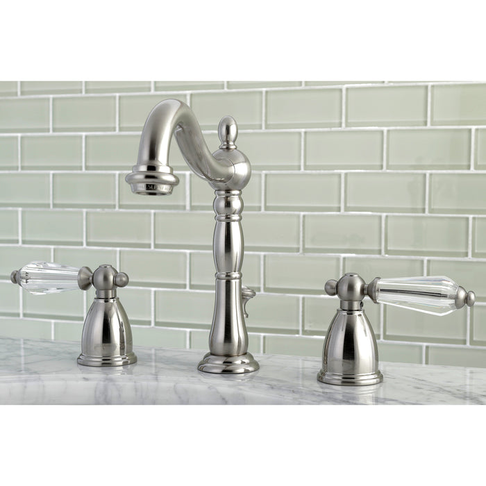 Kingston Heirloom KB1978WLL - Wilshire Two-Handle 3-Hole Deck Mount Widespread Bathroom Faucet with Pop-Up Drain, Brushed Nickel
