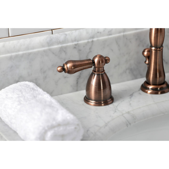 Heritage KB197ALAC Two-Handle 3-Hole Deck Mount Widespread Bathroom Faucet with Brass Pop-Up, Antique Copper