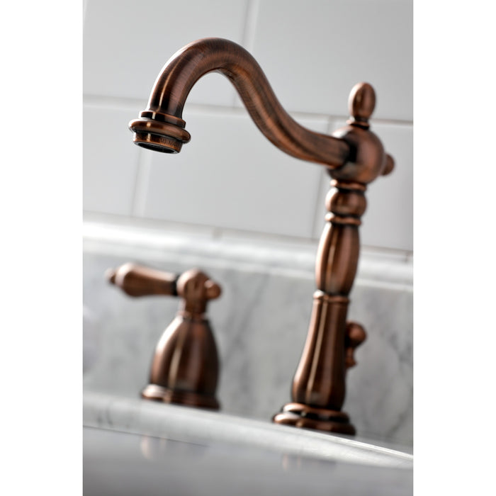 Heritage KB197ALAC Two-Handle 3-Hole Deck Mount Widespread Bathroom Faucet with Brass Pop-Up, Antique Copper
